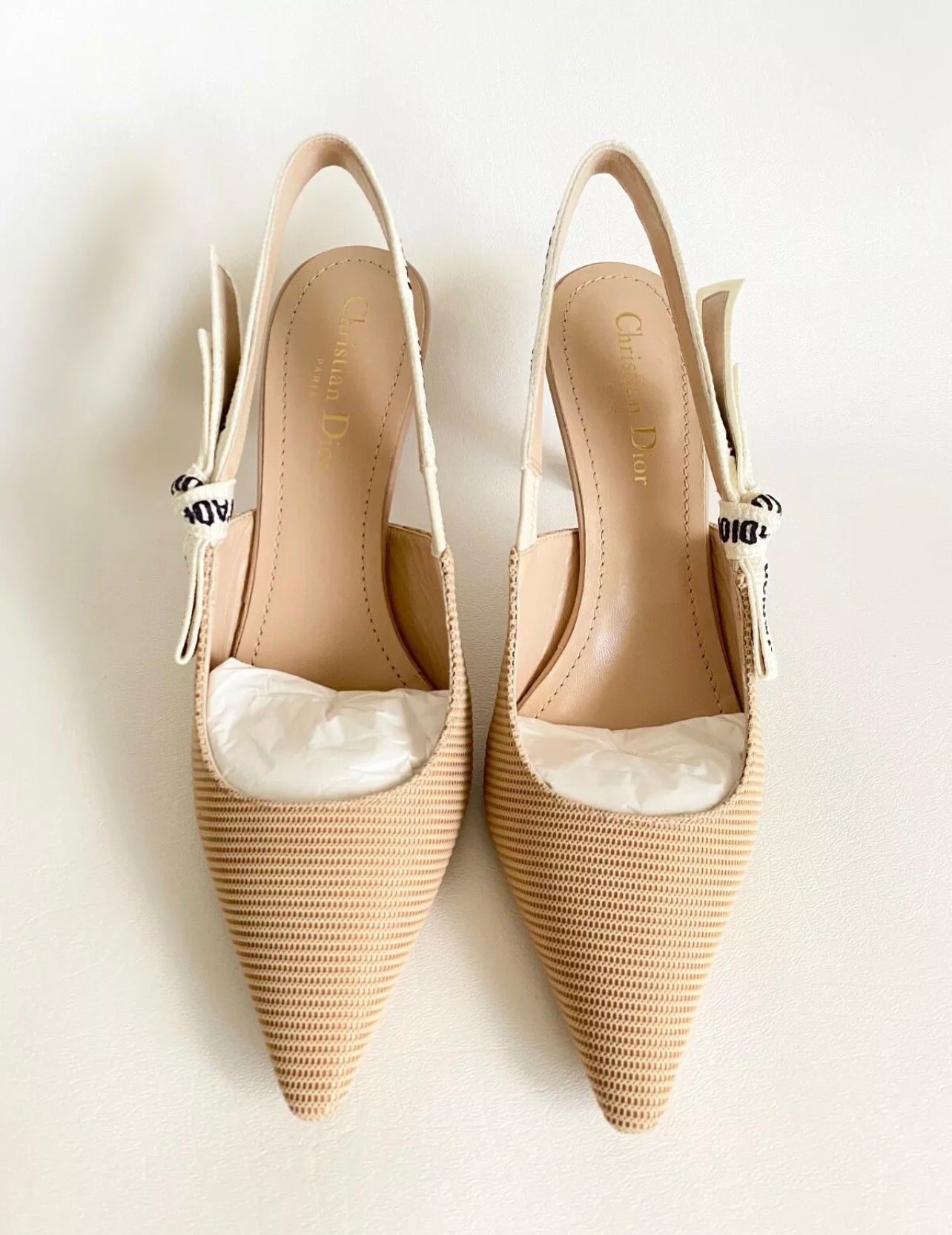 CHRISTIAN DIOR J'ADIOR FABRIC & RIBBON BEIGE KITTEN HEEL SHOES