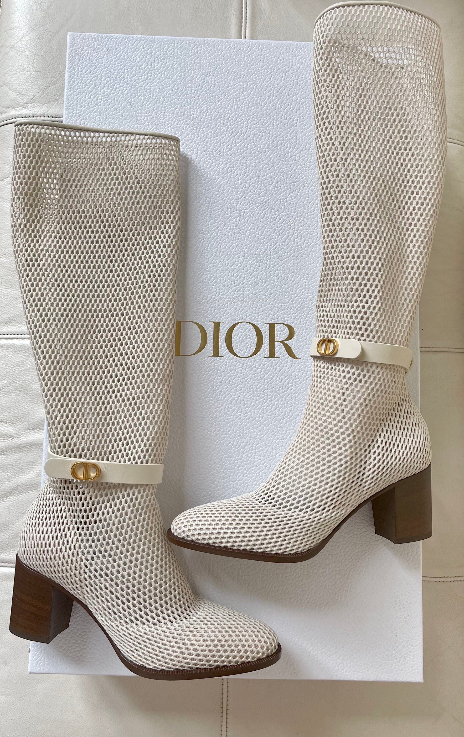 Dior Empreinte Montaigne 70 mm Off White Knee High Pull On Caged