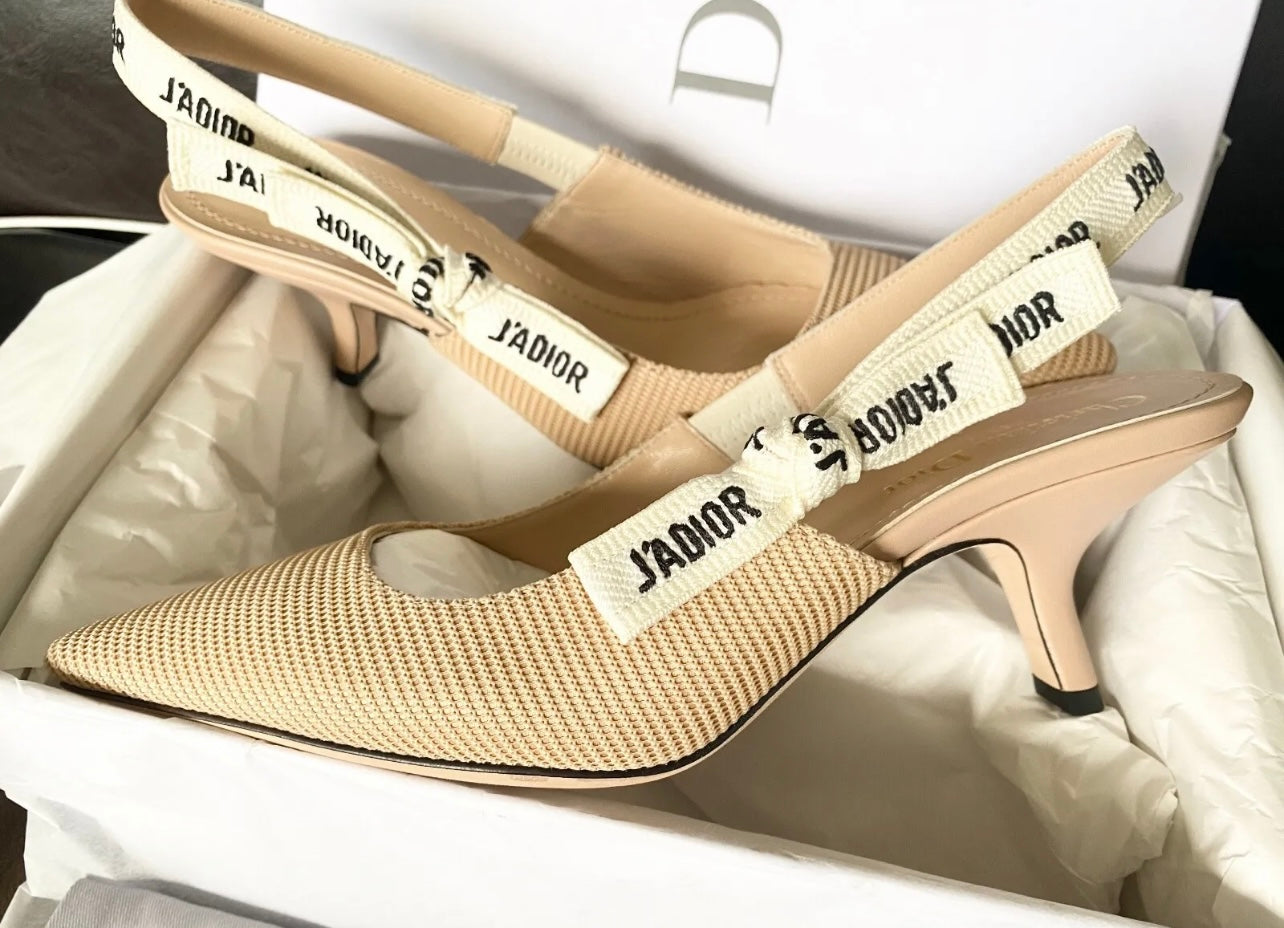 CHRISTIAN DIOR J'ADIOR FABRIC & RIBBON BEIGE KITTEN HEEL SHOES SLINGBACKS