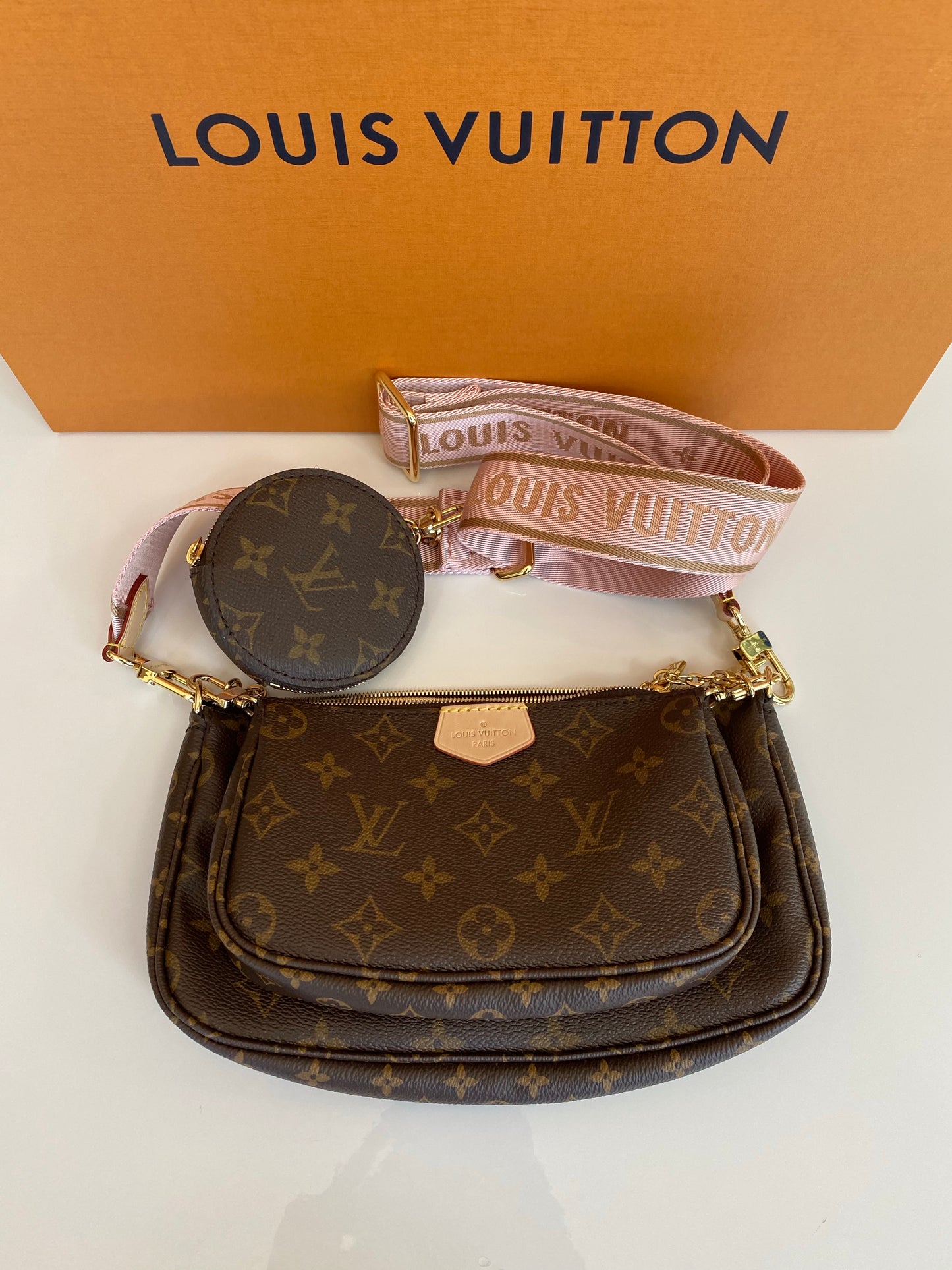 Louis Vuitton, Bags, Louis Vuitton Multi Pochette Monogram Pink Clutch  Crossbody Brown Canvas 3in