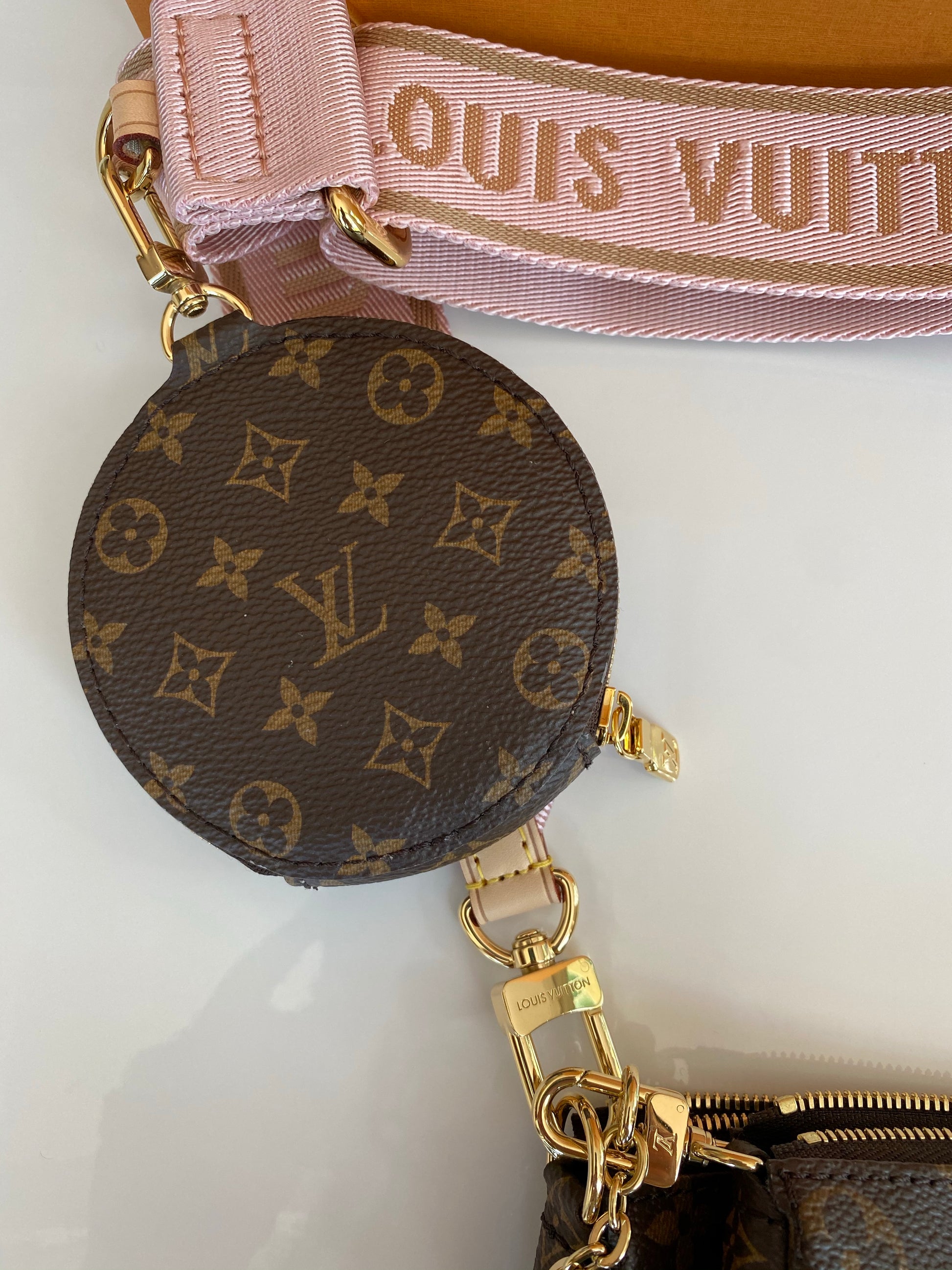 Louis Vuitton Multi Pochette Brown LV Print Rose Pink Green Strap