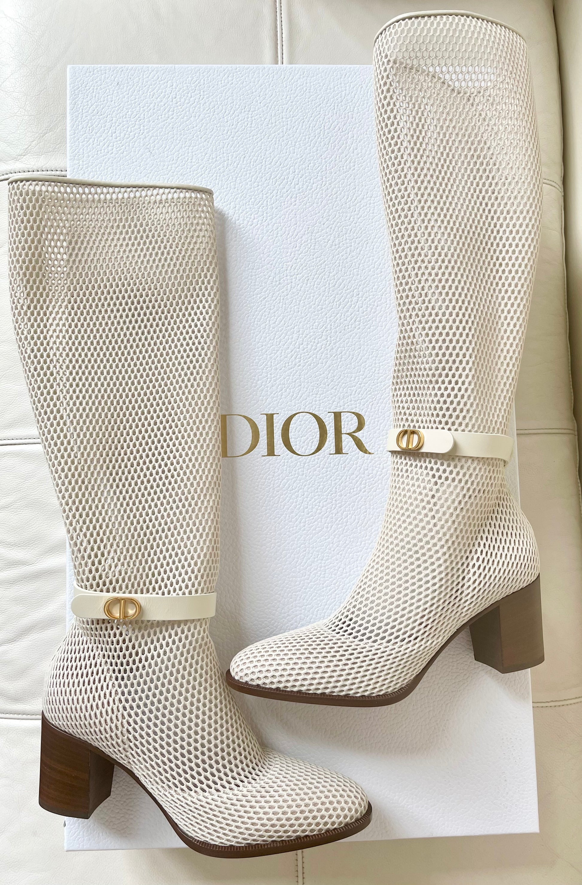 Dior Empreinte Montaigne 70 mm Off White Knee High Pull On Caged